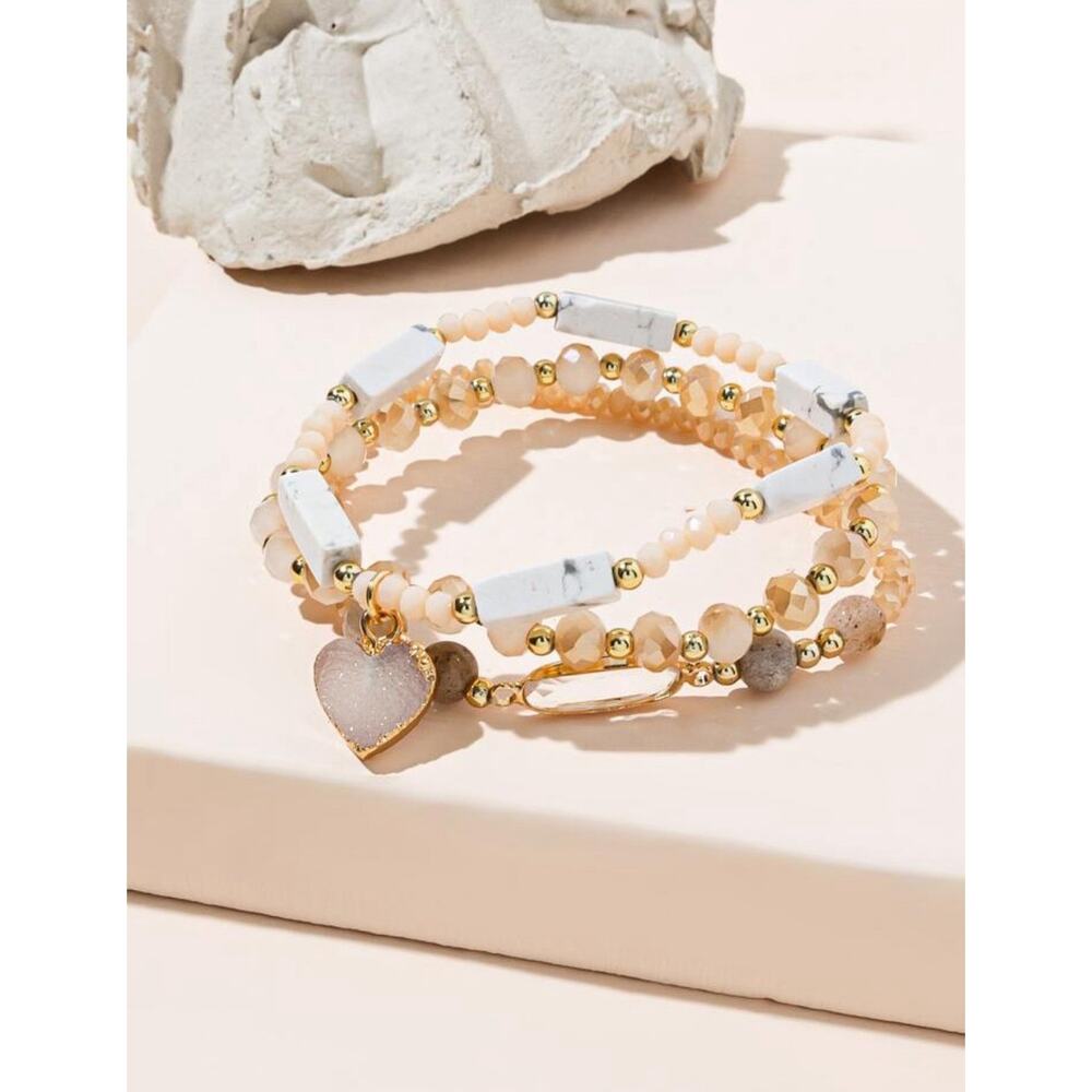 Set 3 Pcs Beige White Gray Druzy Whimsical Heart Charm Crystal Beaded Bracelet